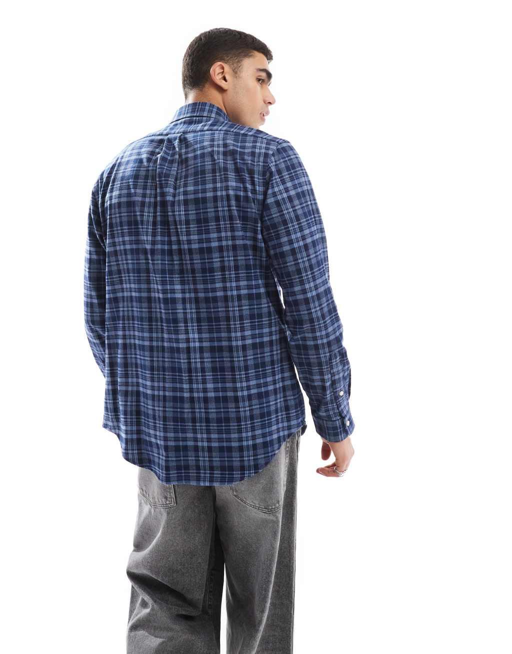 Polo Ralph Lauren icon logo check performance brushed twill shirt in mid blue Product Image