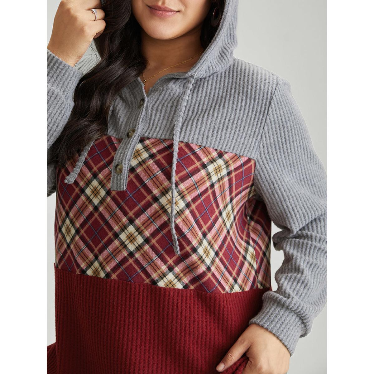 Plus Size Plaid Patchwork Textured Hooded Contrast Sweatshirt Women Red Casual Waffle Knit Hooded Festival-Christmas Sweatshirts BloomChic 14-16/1X Product Image