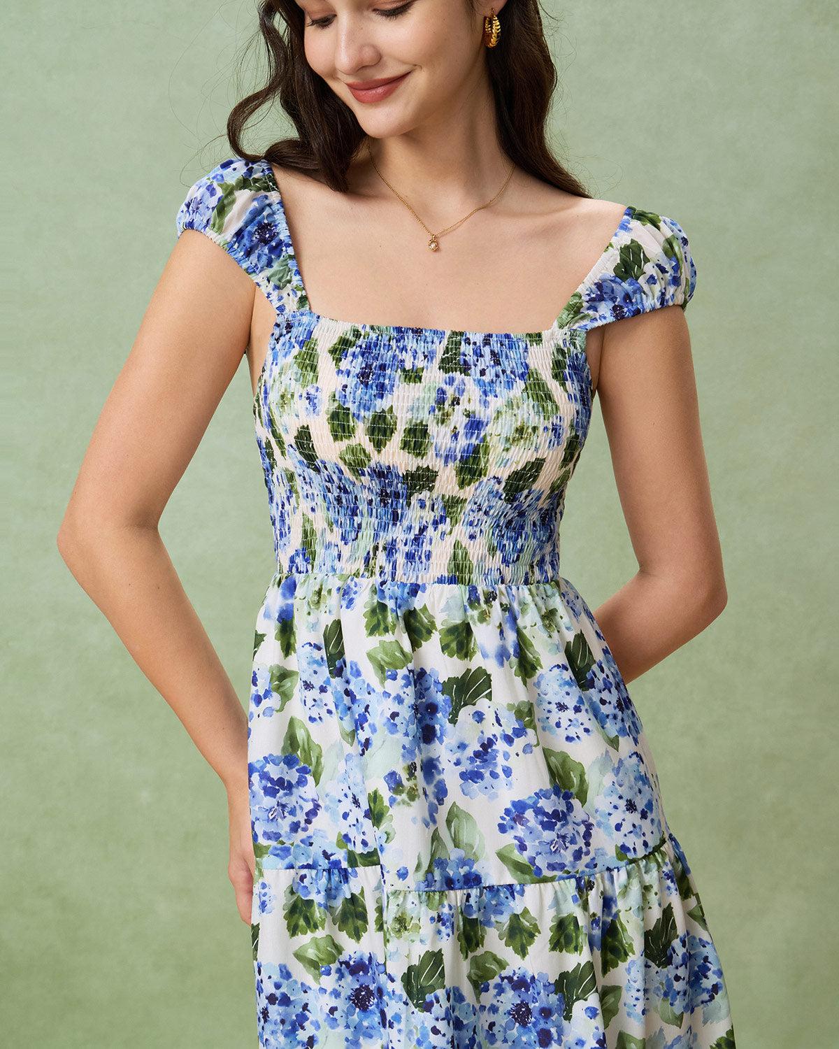 Blue Floral Square Neck Shirred Midi Dress Product Image