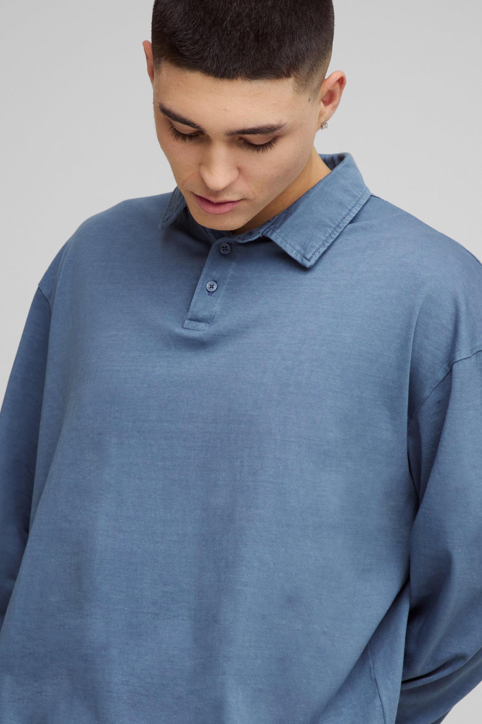 Oversized Boxy Long Sleeve Wash Polo | boohooMAN USA Product Image