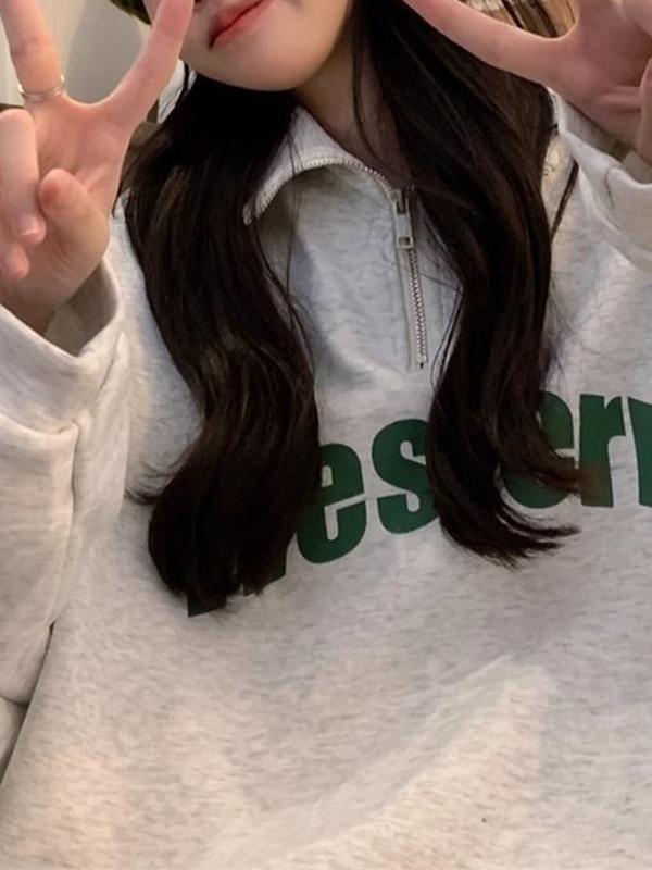 Vintage Letter Print Half Zip Sweatshirt Product Image