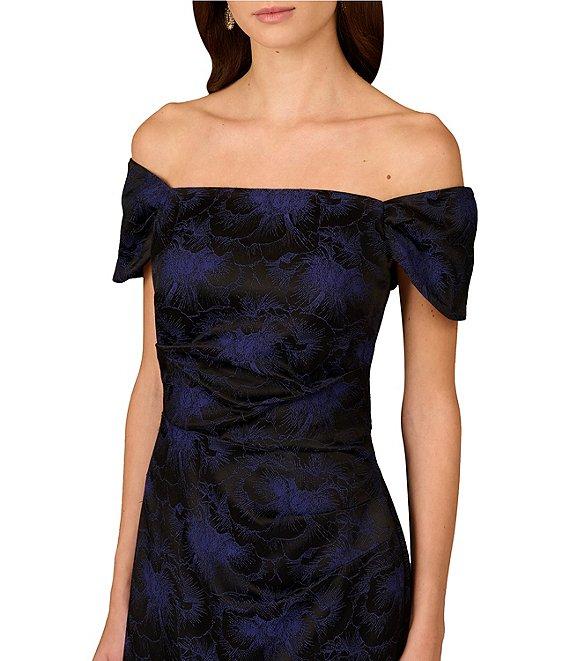 Aidan Mattox Woven Jacquard Off The Shoulder Neck Cap Sleeve Pleated Midi Sheath Dress Product Image