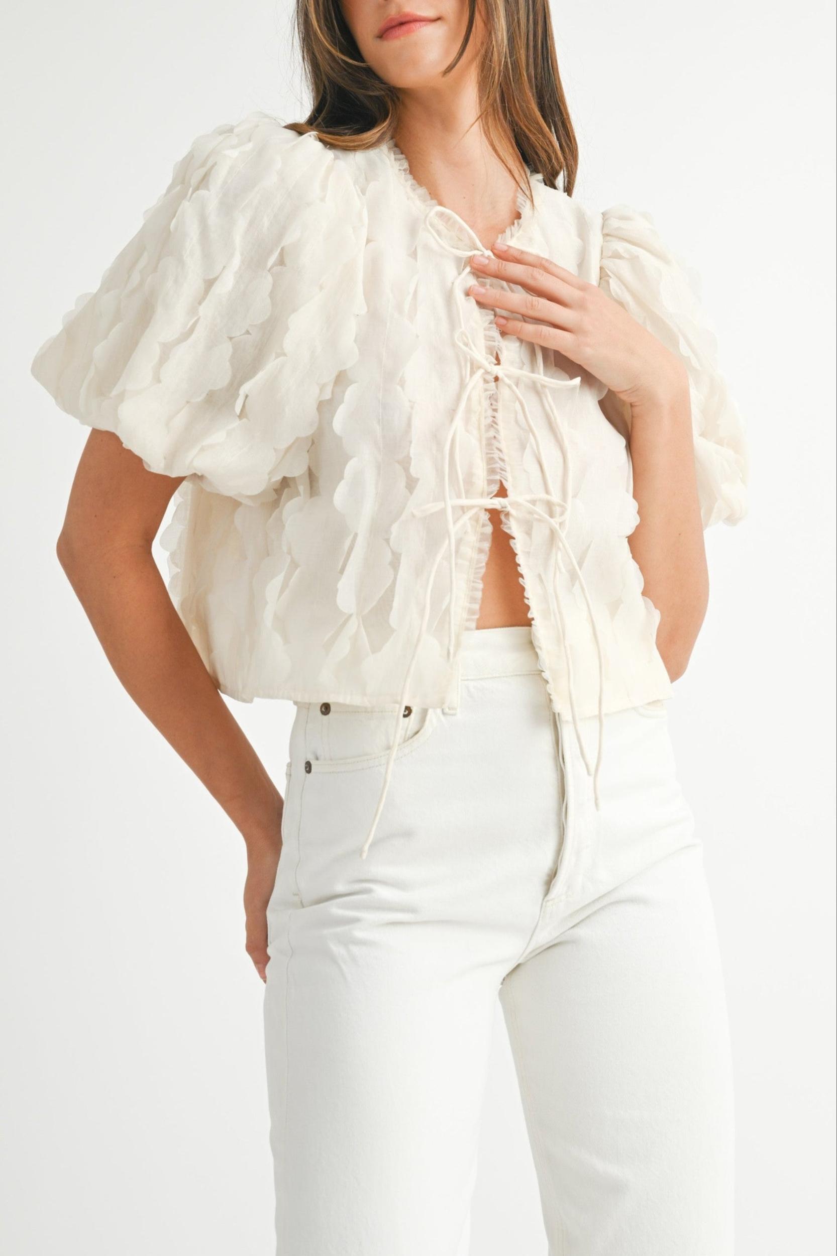 Textured Scallop Puff Sleeve Blouse Top Product Image