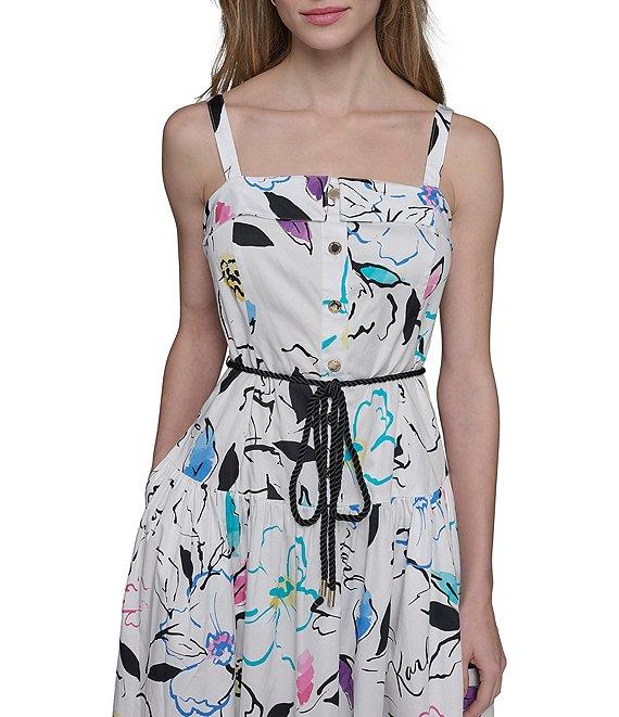 KARL LAGERFELD PARIS Stretch Sateen Multi Print Square Neck Sleeveless Rope Belt Button Front Sheath Maxi Dress Product Image
