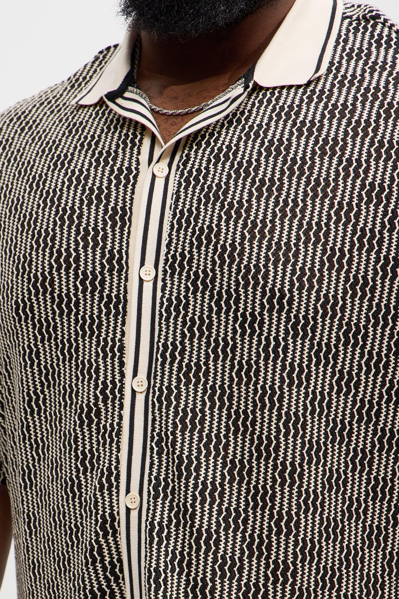Zigzag Open Knit Crochet Cuban Shirt - Black/combo Product Image