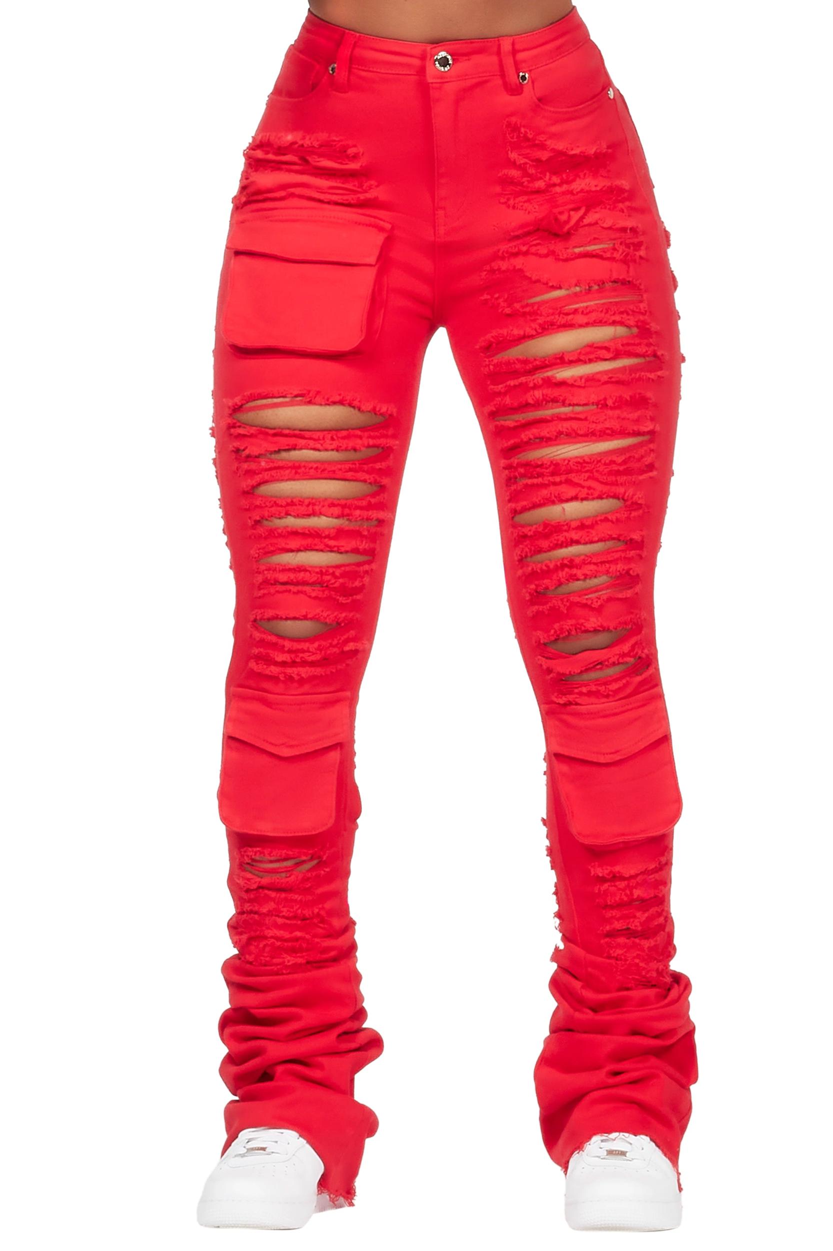 Capria Red Ultra Distressed Super Stacked Jean Female Product Image
