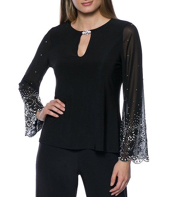 Marina Keyhole Rhinestone Neck Beaded Bell Long Sleeve Matte Jersey 2-Piece Pant Set Product Image