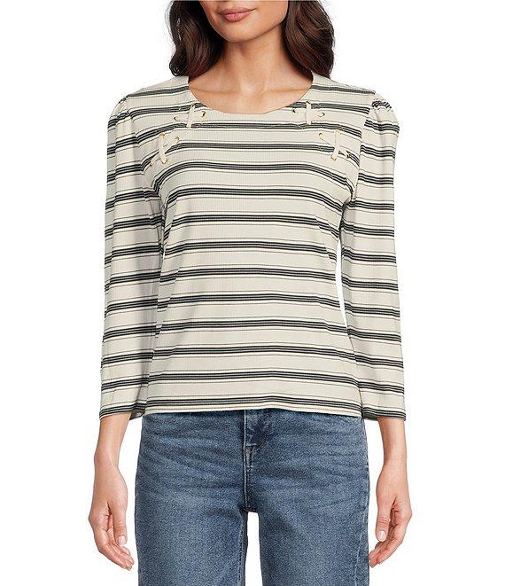 Democracy Knit Stripe Scoop Neck 3/4 Sleeve Top Product Image