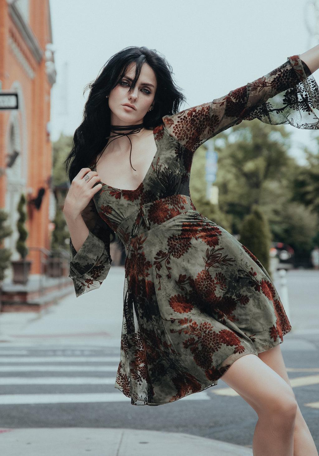 Rosaleigh Flock Velour Mesh Flare Sleeve Mini Dress Product Image