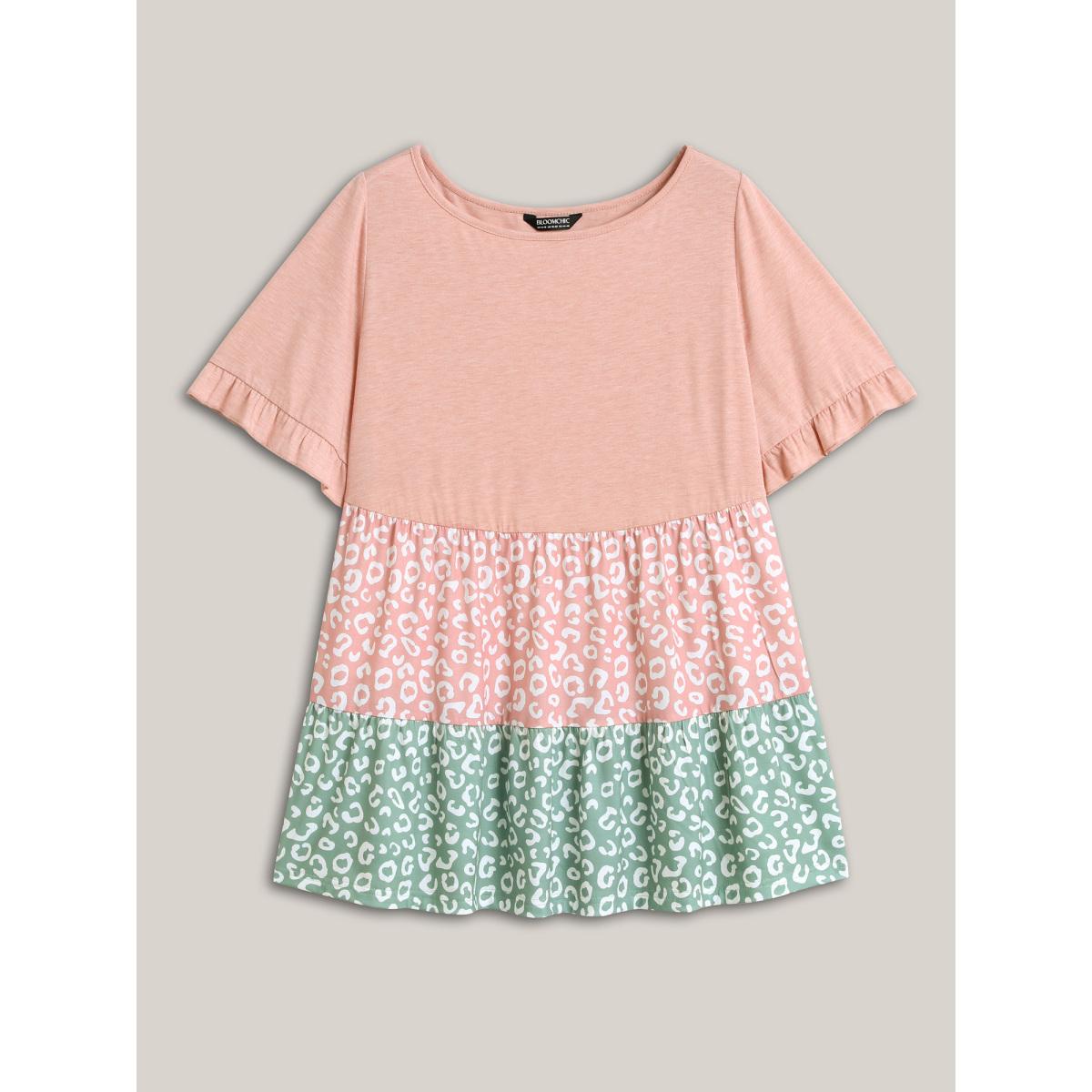 Plus Size Spliced Printed Tiered Ruffled Sleeve T-Shirt Multicolor Women Playful Gathered Round Neck Casual T-shirts BloomChic 28/5X Product Image