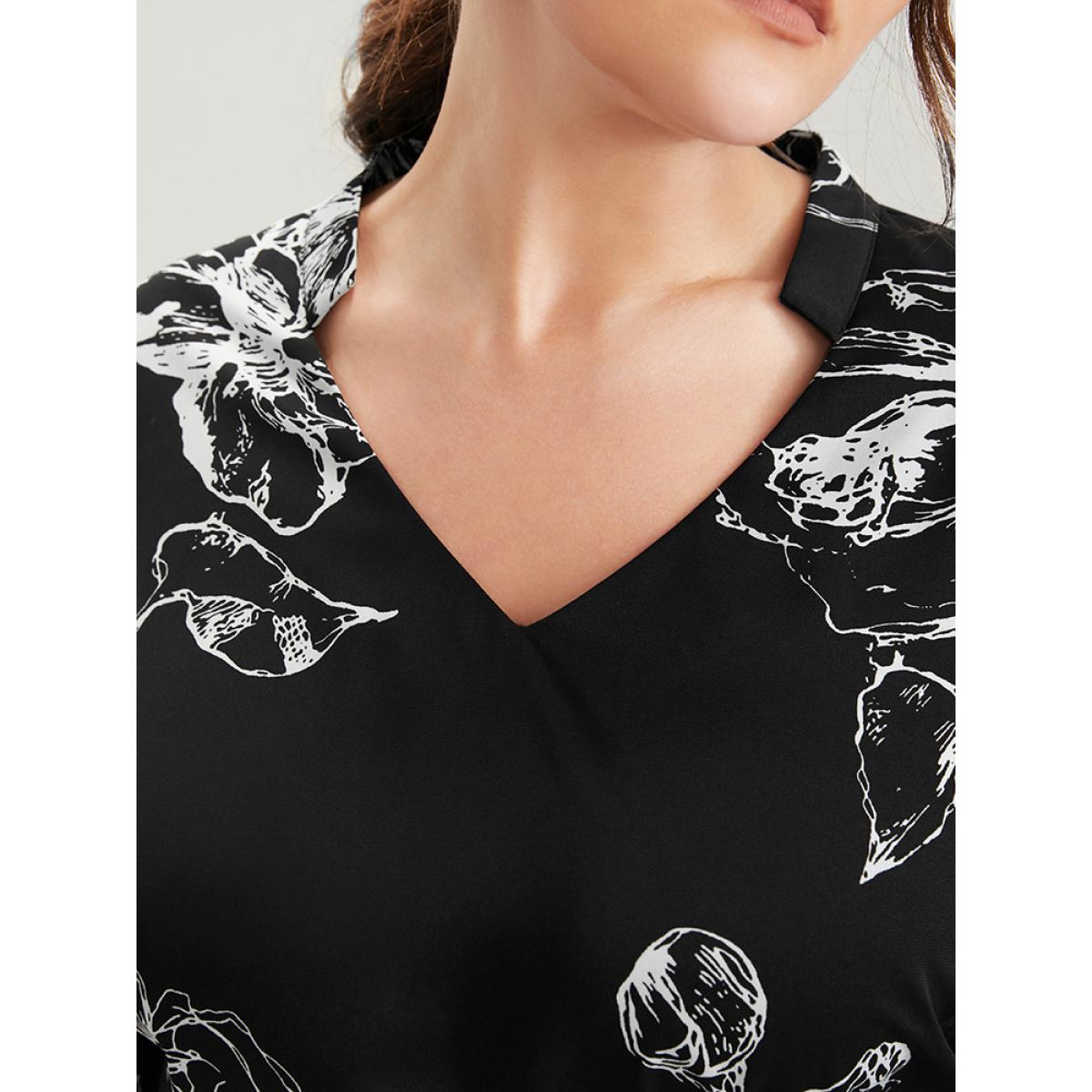 Plus Size Black Floral Printed Lantern Sleeve V Neck Blouse Women Office Long Sleeve V-neck Work Blouses BloomChic 22-24/3X Product Image