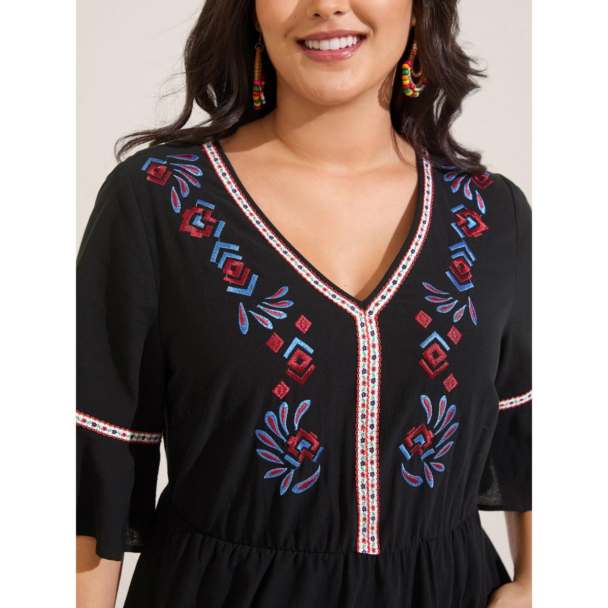 Plus Size Pure Cotton Embroidered Pockets Midi Dress Black Women V-neck Half Sleeve Curvy BloomChic 18-20/2X Product Image