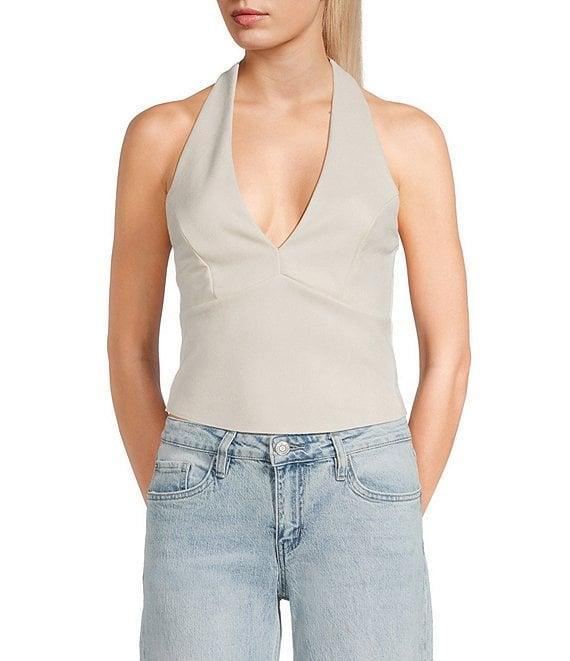 Moa Moa V-Neck Halter Faux Suede Smocked Top Product Image