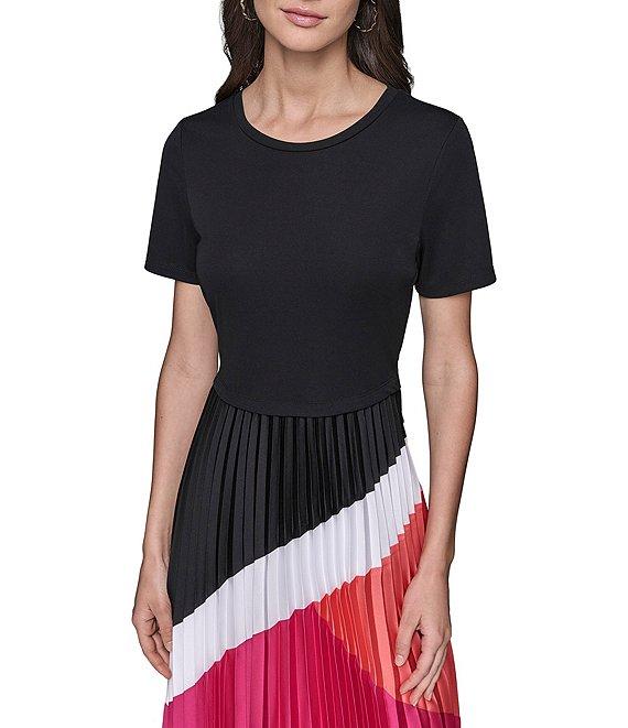 KARL LAGERFELD PARIS Jersey Satin Colorblock Print Crew Neck Short Sleeve Pleated Skirt Sheath Midi Dress Product Image