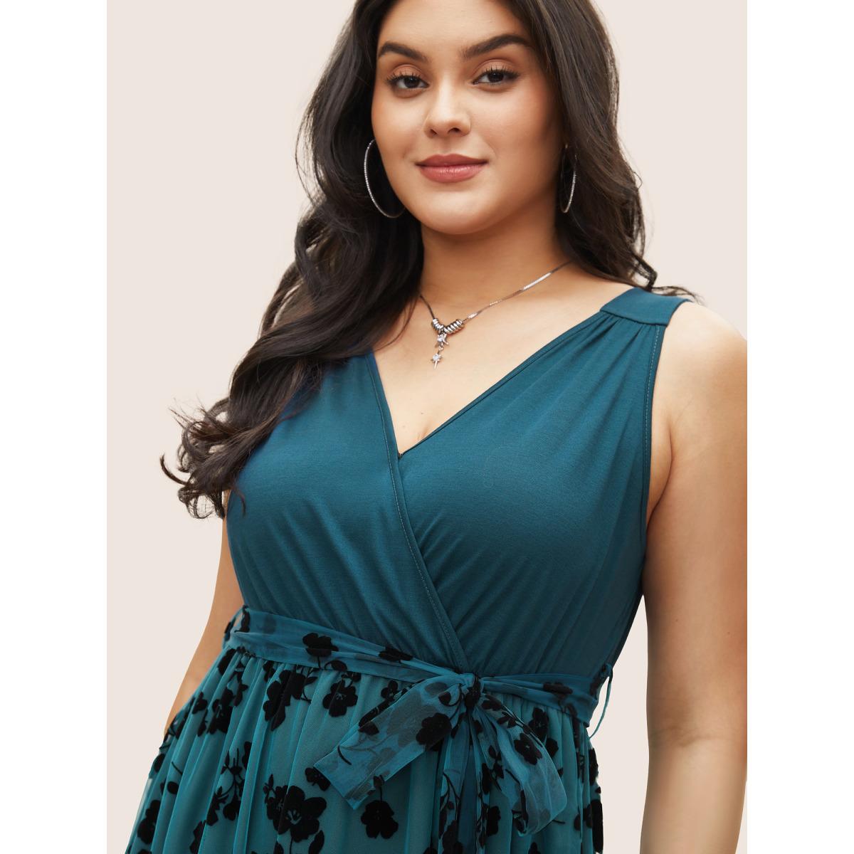 Plus Size Floral Mesh Patchwork Surplice Neck Tank Dress Cerulean Women Party&Cocktail Non Overlap Collar Sleeveless Curvy Midi Dress BloomChic 14-16/1X Product Image