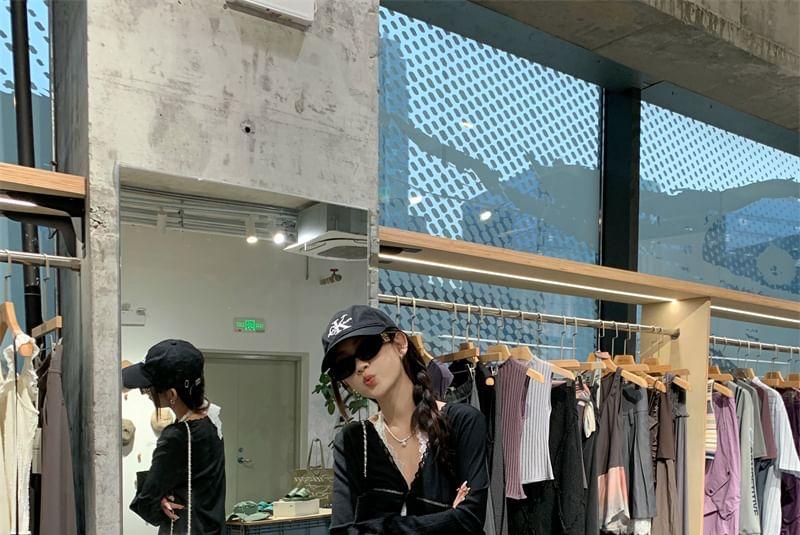 Halter V-Neck See-Through Lace Top / Plain Perforated One-Buttoned Cardigan / High Waist Wide Leg Pants Product Image