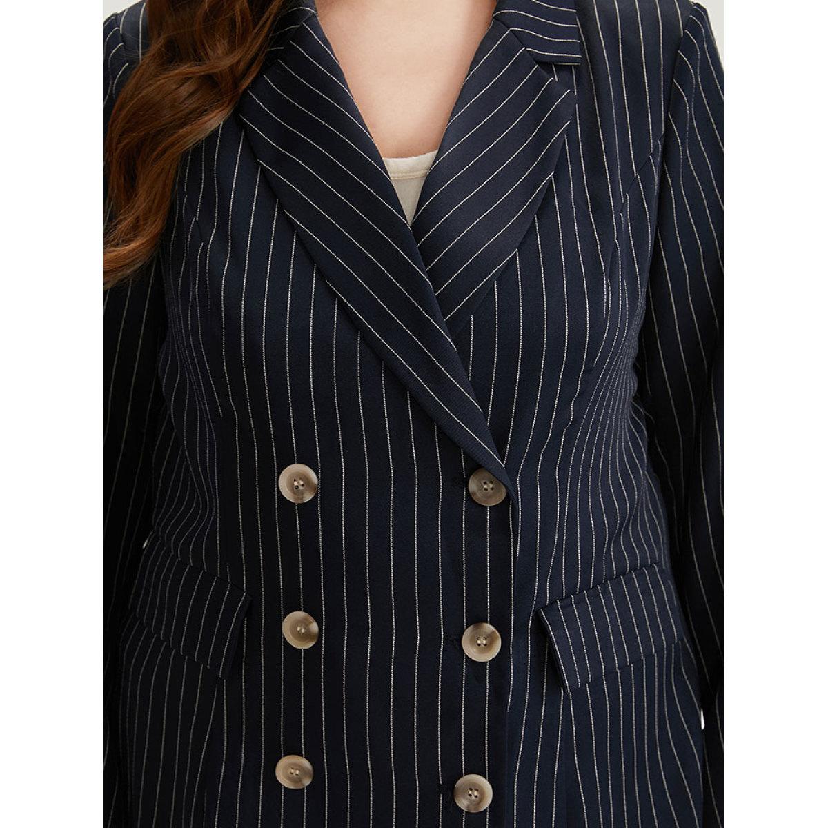 Plus Size Suit Collar Striped Double Breasted Blazer Blue Women Office Striped Button Sleeve Long Sleeve Suit Collar 30/6X Pocket Office Blazers BloomChic Product Image