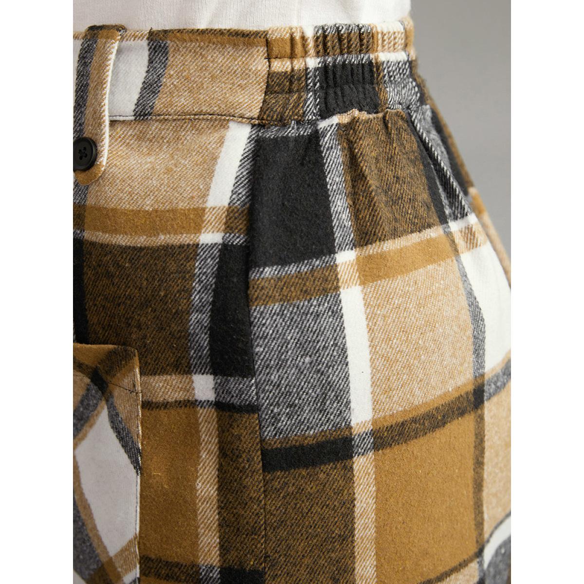 Plus Size Plaid Button Detail Patched Pocket Skirt Women Tan Office Elastic Waist Bodycon No stretch Pocket Office Skirts BloomChic 10/M Product Image