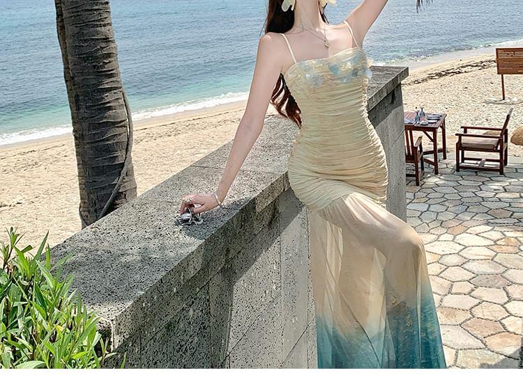 Spaghetti Strap Sea Print Floral Shirred Midi Mermaid Dress Product Image