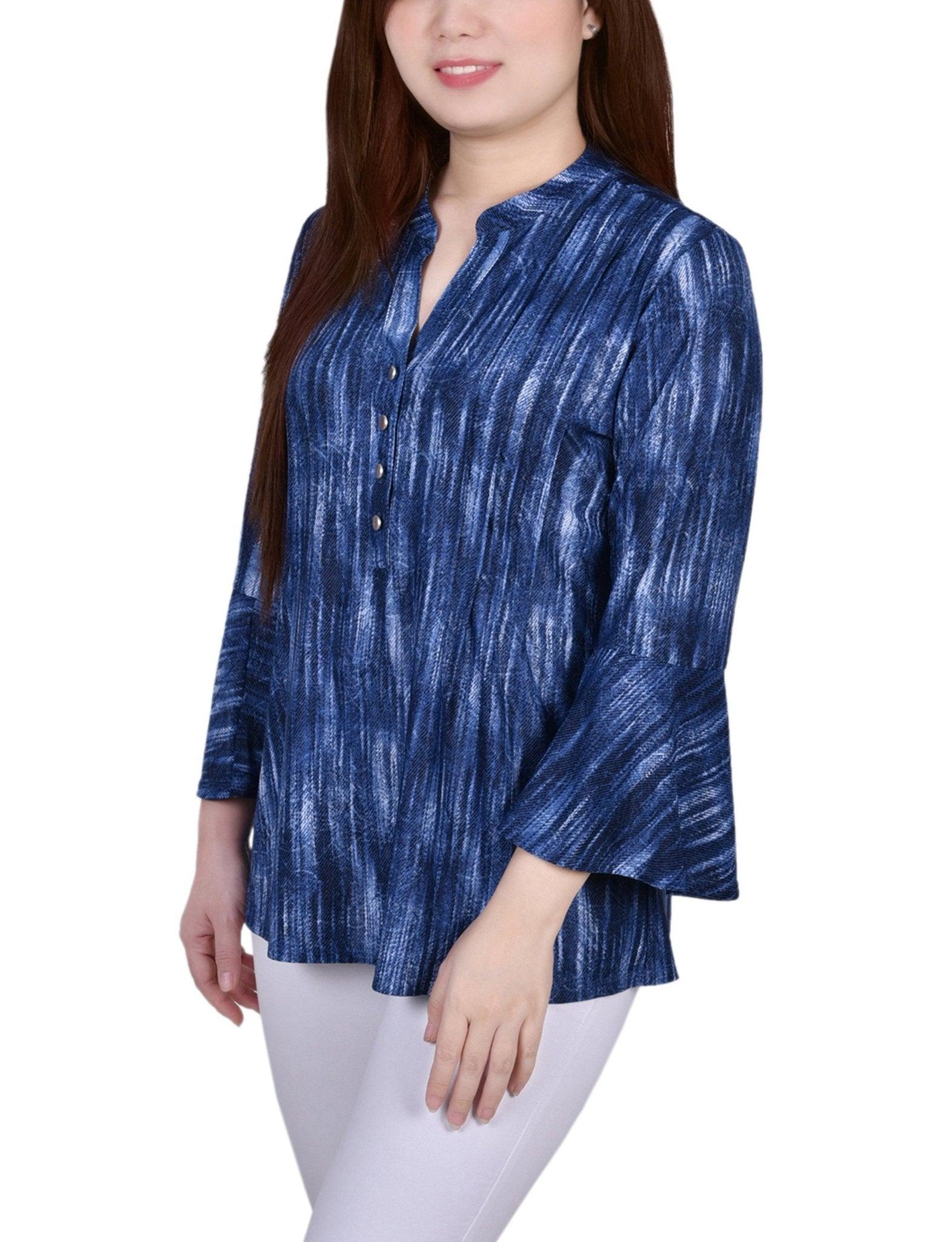 Blue Stripe 3/4 Bell Sleeve Pleat Front Y Neck Top - Petite Product Image