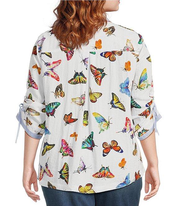 John Mark Plus Size Woven Butterfly Print Wire Collar 3/4 Cinch Tie Sleeve Button Front Blouse Product Image