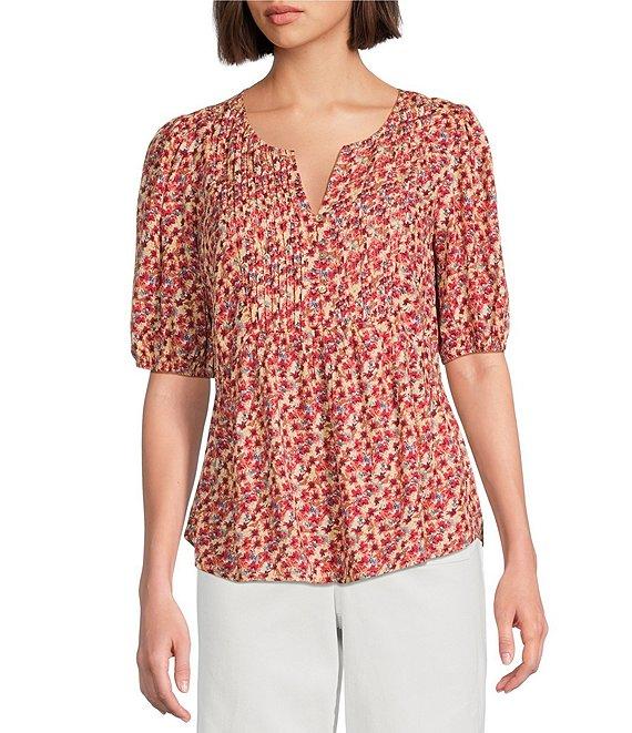 Nurture by Westbound Petite Woven Elbow Sleeve Pintuck Yoke Floral Top Product Image