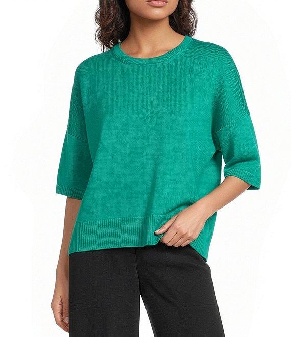 Eileen Fisher Organic Cotton Blend Crew Neck Elbow Sleeve Top Product Image