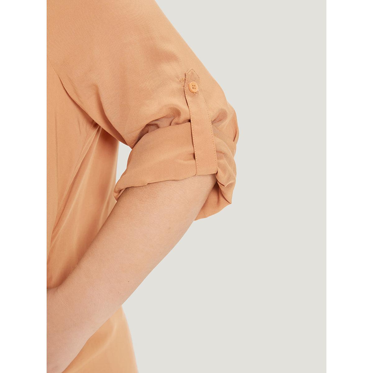 Plus Size Supersoft Essentials Plain Pocket Button Asymmetrical Hem Kimono Women Tan Casual Asymmetrical Pocket Dailywear Kimonos BloomChic 10/M Product Image