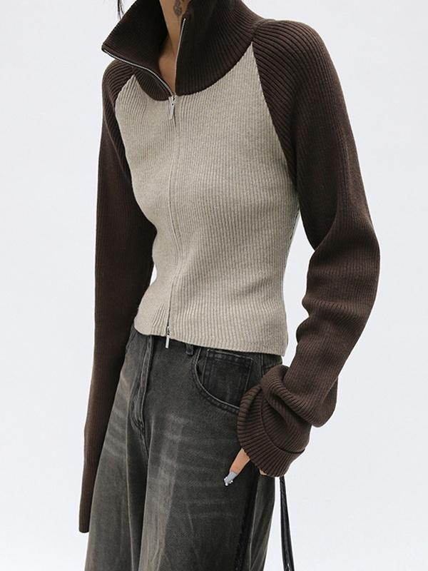 Knit Contrast Color High Neck Cardigan Product Image