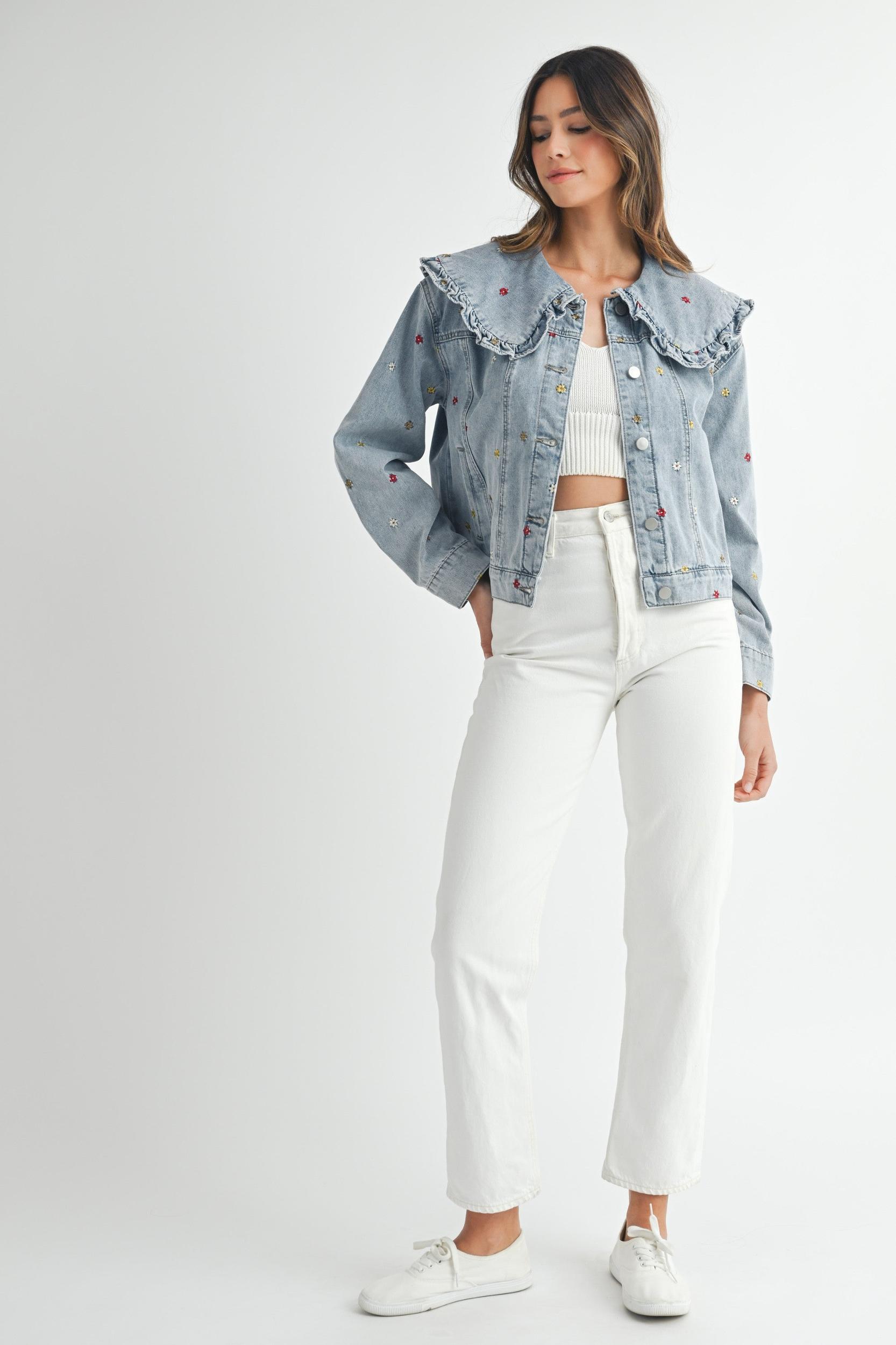 Peter Pan Collar Embroidered Denim Jacket Product Image