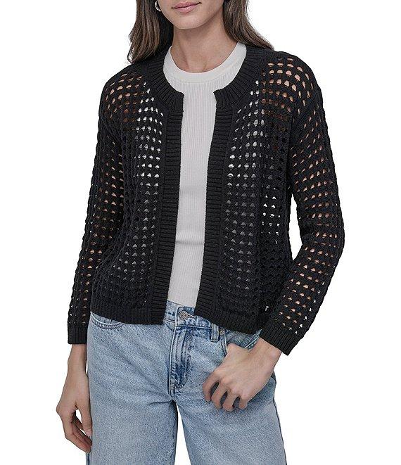 DKNY Jeans by Donna Karan Open Stitch Cotton Crew Neck 3/4 Sleeve Open Front Cardigan Product Image