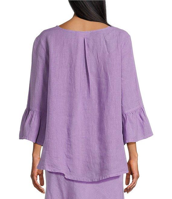 Bryn Walker Light Linen Fran Round Neck 3/4 Ruffle Bell Sleeve Hi-Low Hem Shirt Product Image
