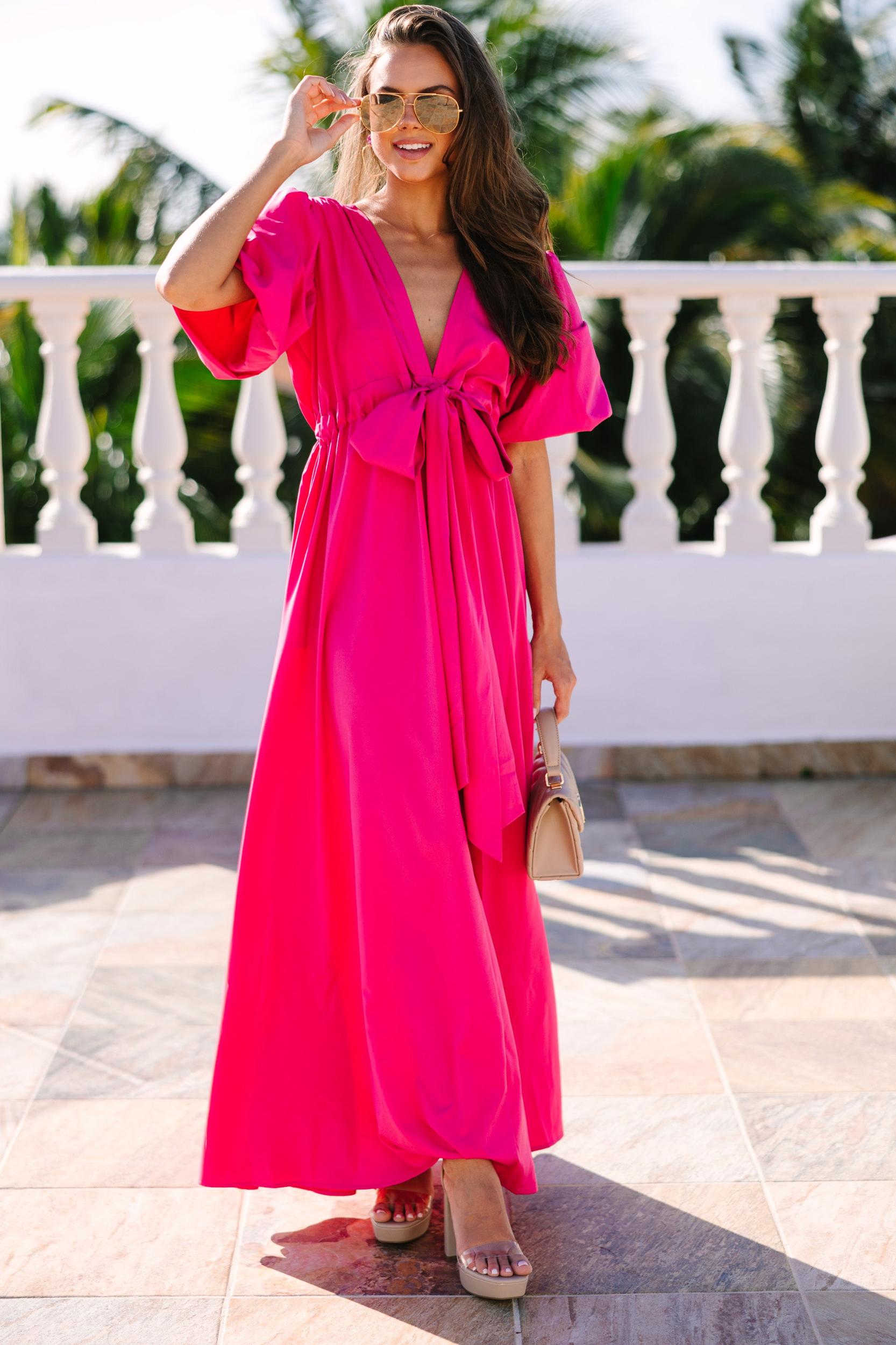 Keep It Up Fuchsia Pink Puff Sleeve Maxi Dress Female Product Image
