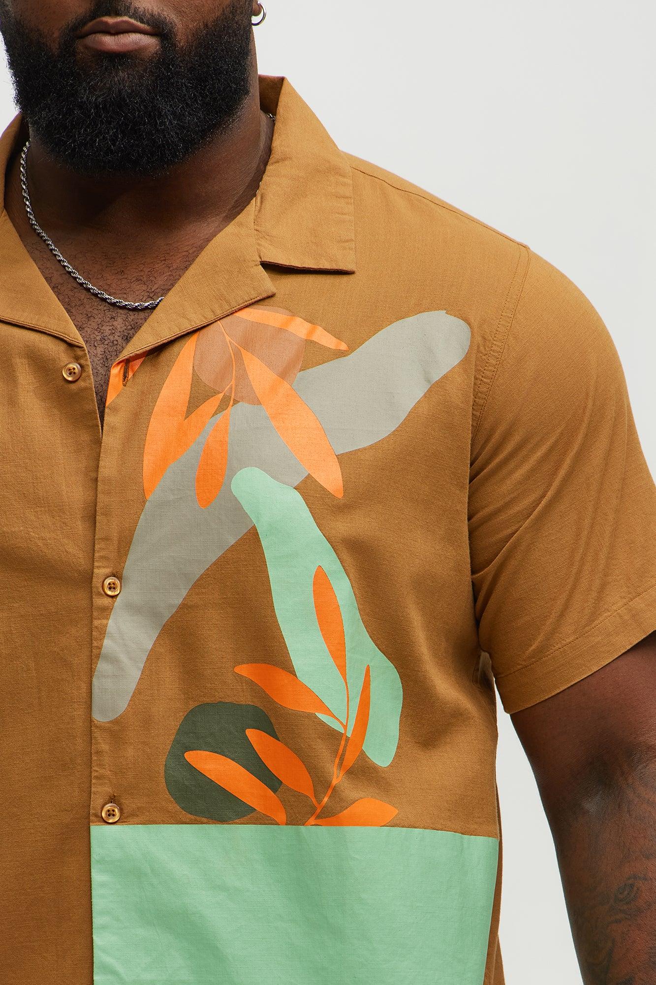 Brown Floral Short Sleeve Button Up Shirt  - Brown Product Image