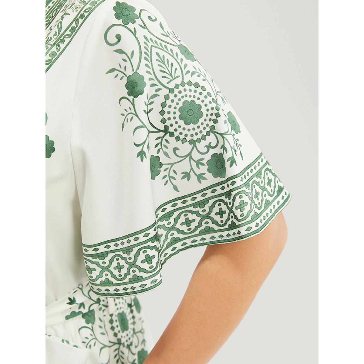 Plus Size Bandana Print Ruffle Sleeve Pocket Belted Midi Dress Green Women Vacation Lined V-neck Short sleeve Curvy Midi Dress BloomChic 22-24/3X Product Image