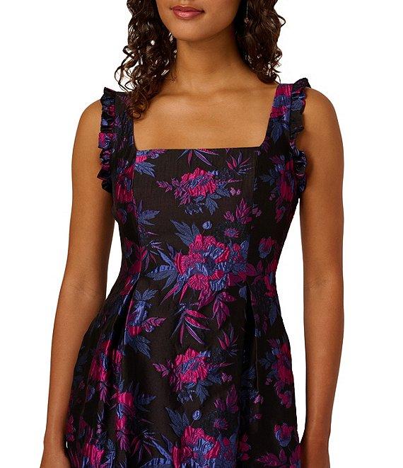 Adrianna Papell Jacquard Ruffle Strap Sleeveless Square Neck Floral Print Dress Product Image