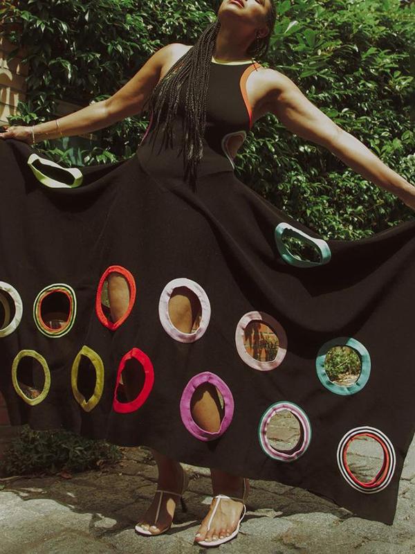 A-Line High Waisted Contrast Color Hollow Round-Neck Maxi Dresses Product Image