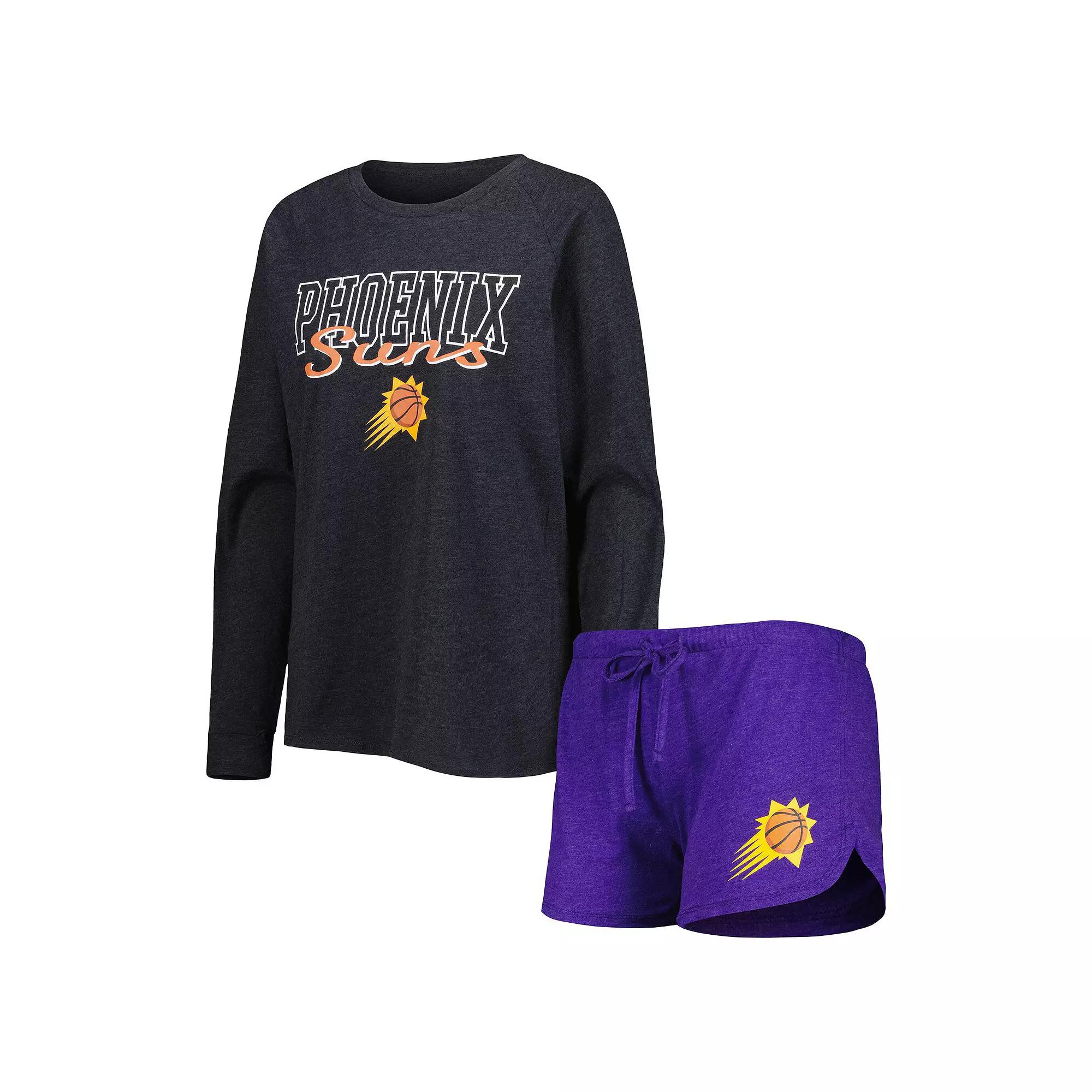 Women's Concepts Sport Heather Black/Heather Purple Phoenix Suns Team Raglan Long Sleeve T-Shirt & Shorts Sleep Set, Size: XL, Phx Charco Product Image