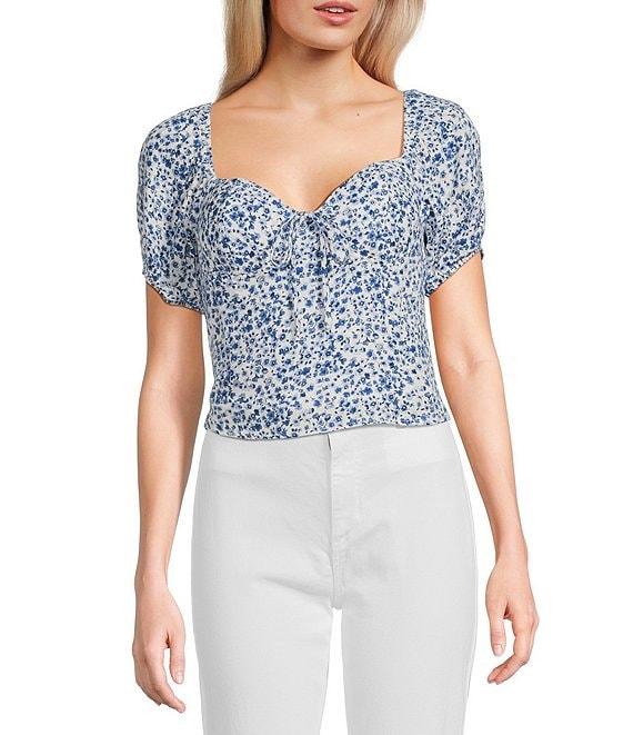 I.N. San Francisco Floral Print Sweetheart Neck Short Puff Sleeve Top Product Image