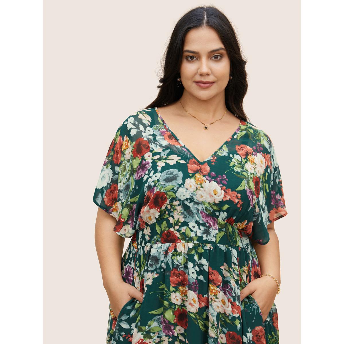 Plus Size V Neck Chiffon Floral Dolman Sleeve Dress Emerald Women Elegant V-neck Short sleeve Curvy BloomChic 18-20/2X Product Image