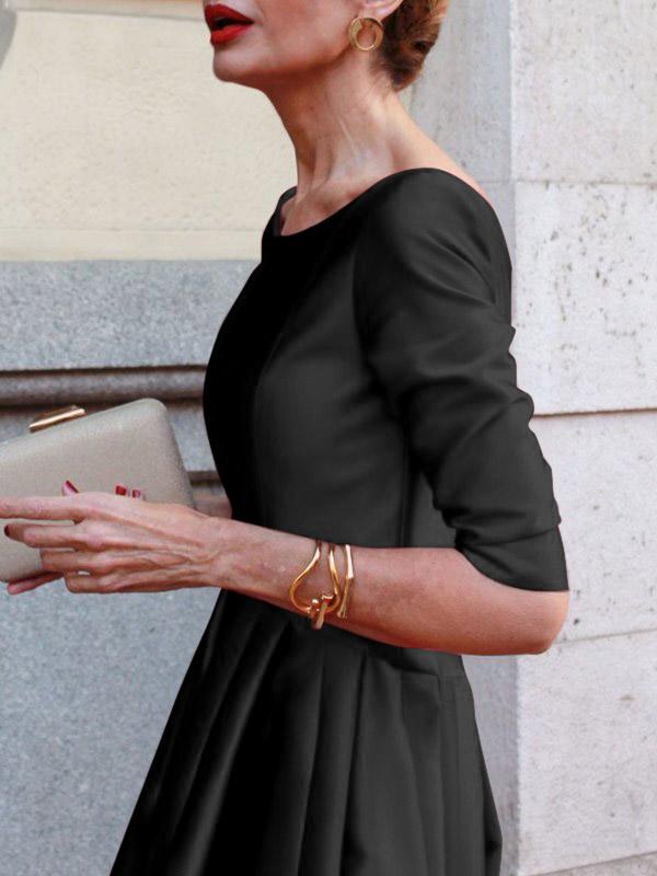 A-Line Loose Pleated Pockets Solid Color Split-Joint Round-Neck Midi Dresses Product Image