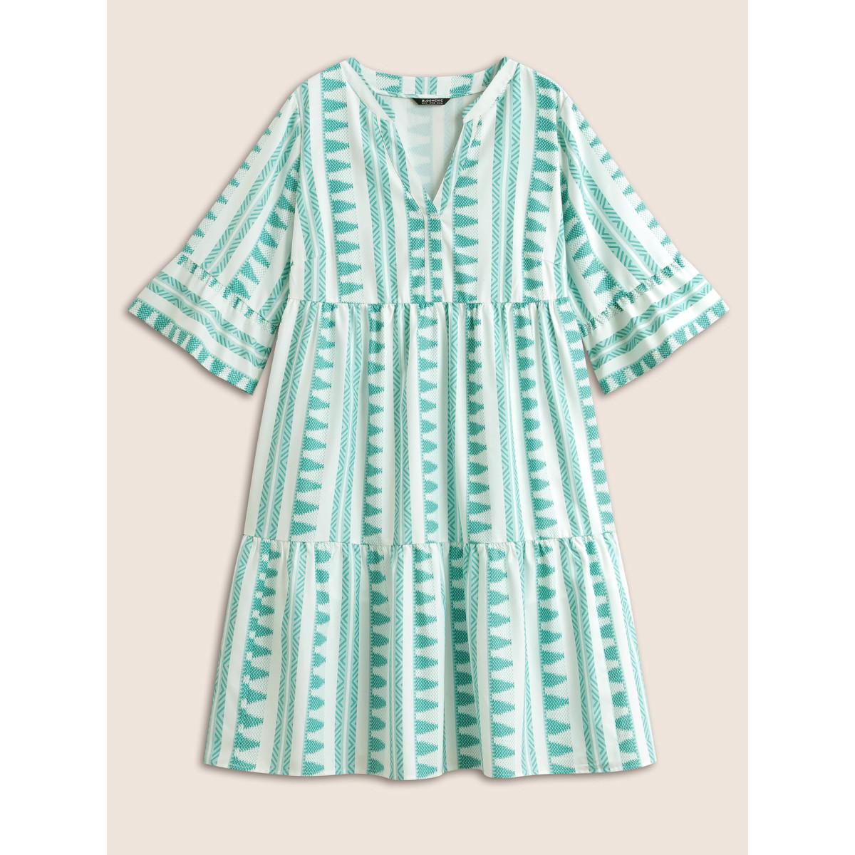 Plus Size Bandana Geometric Notched Ruffle Layered Hem Dress Turquoise Women Resort Non Notched collar Elbow-length sleeve Curvy Midi Dress BloomChic 30/6X Product Image