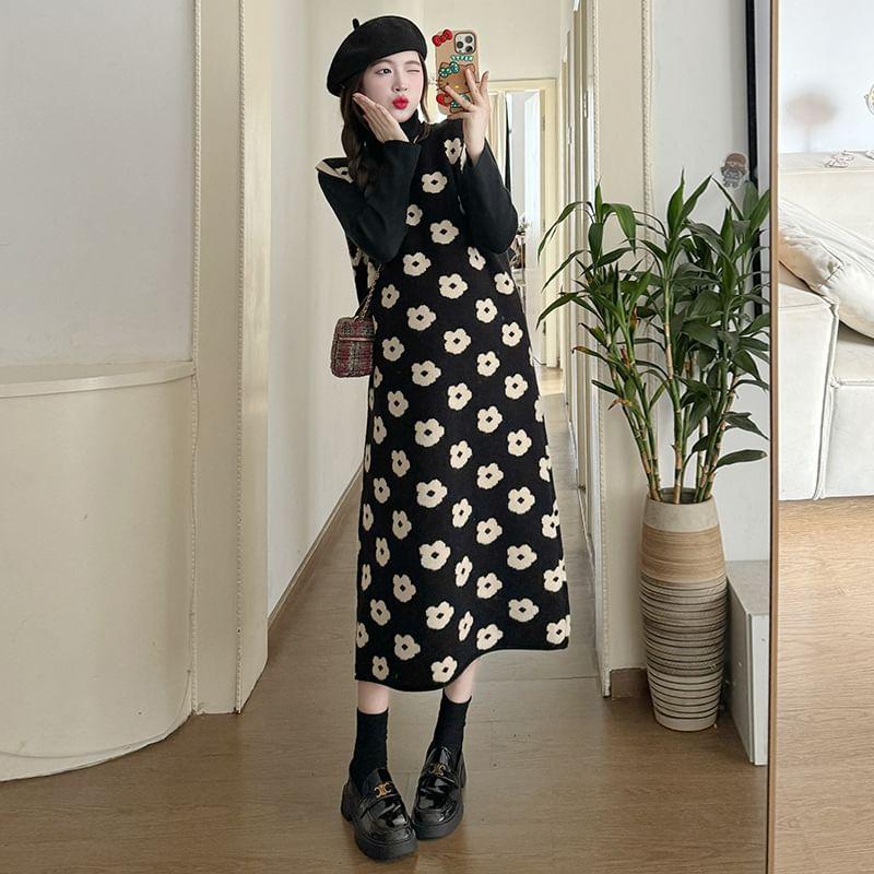 Maternity Long-Sleeve Turtleneck Plain Knit Top / Crew Neck Floral Print Contrast Trim Midi Jumper Dress Product Image