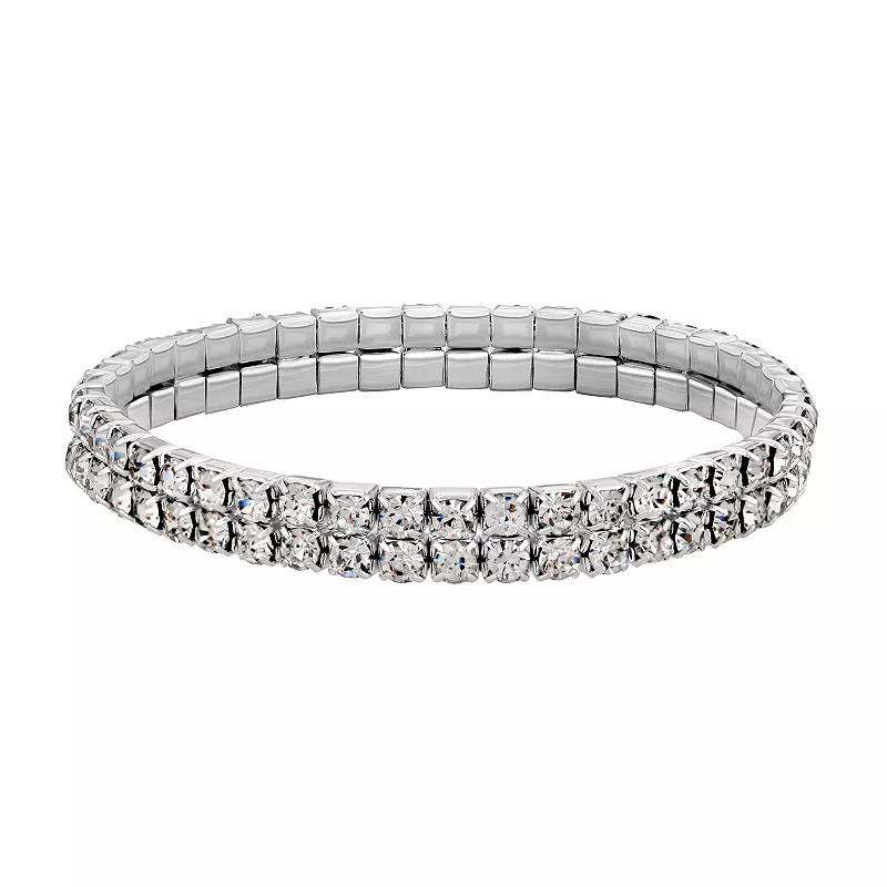 1928 Silver-Tone Clear Crystal Two-Row Rhinestone Stretch Bracelet, Women's, Multi Product Image