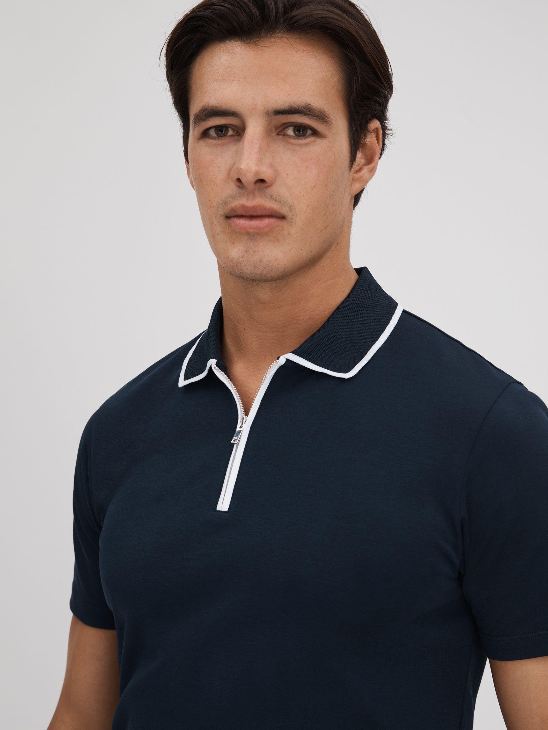 Cotton Contrast Collar Half-Zip Polo Shirt in Navy Product Image