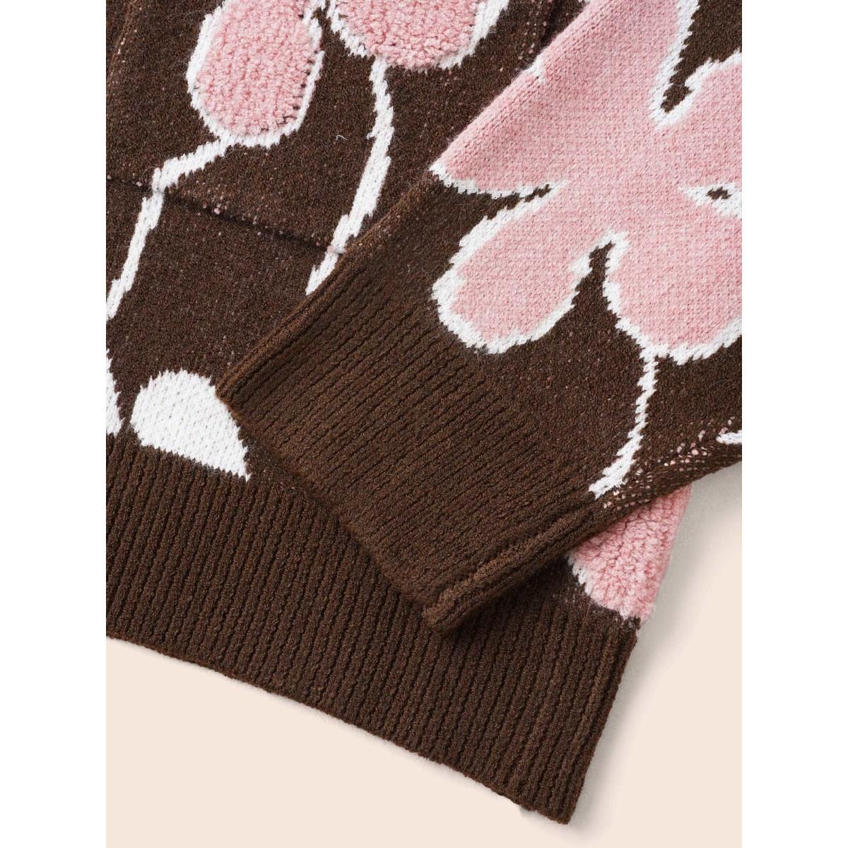 Plus Size Floral Jacquard Open Front Pocket Cardigan Browncoffeecolor Women Playful Loose Long Sleeve Casual Cardigans BloomChic 18-20/2X Product Image