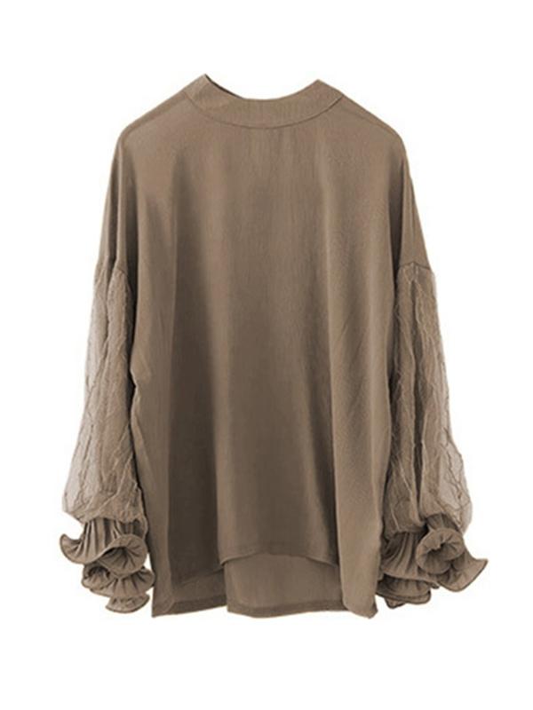 Simple Solid Color Puff Sleeve Mesh Splicing Chiffon Shirt Product Image