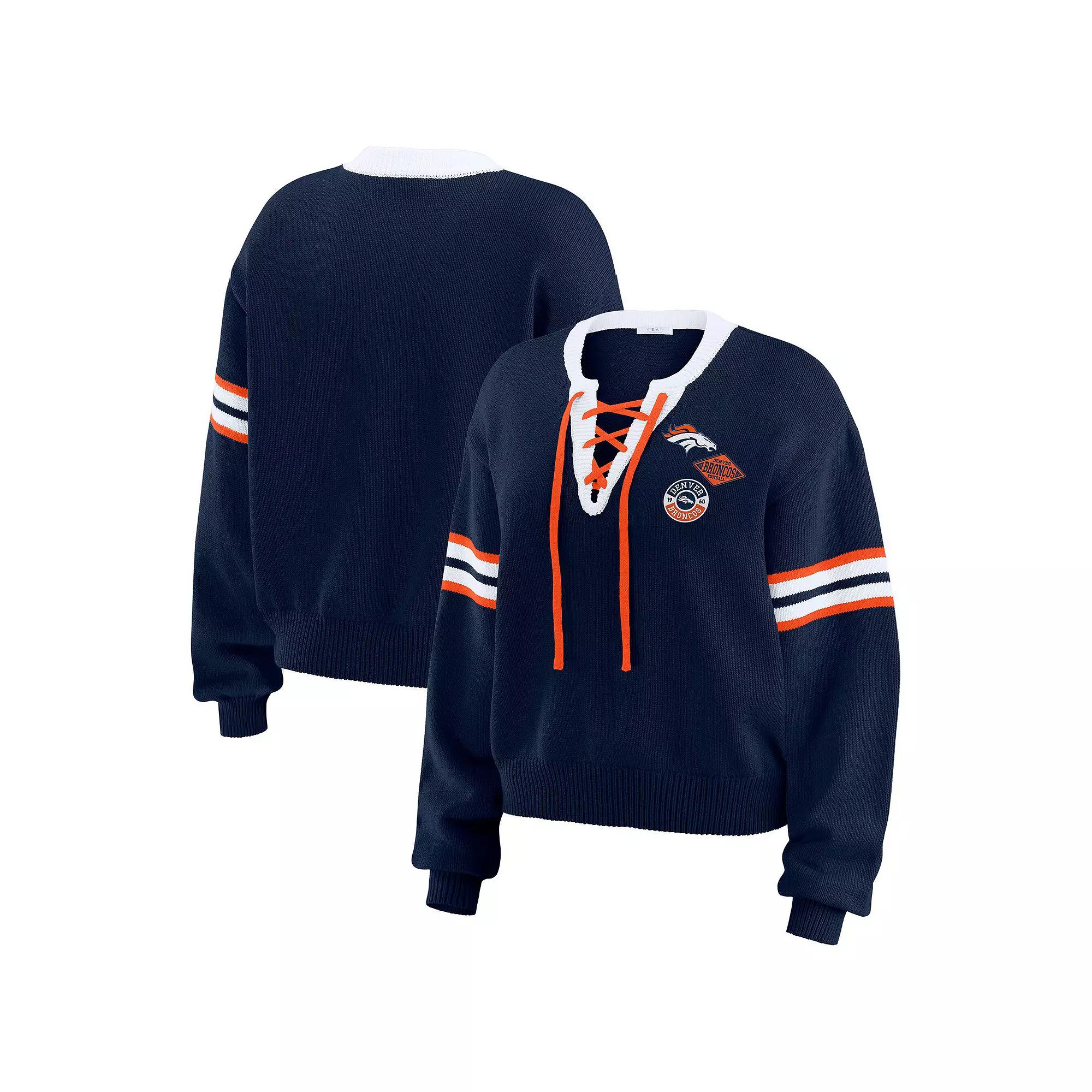Women's WEAR by Erin Andrews Navy Denver Broncos Lace-Up Pullover Sweatshirt,  Product Image