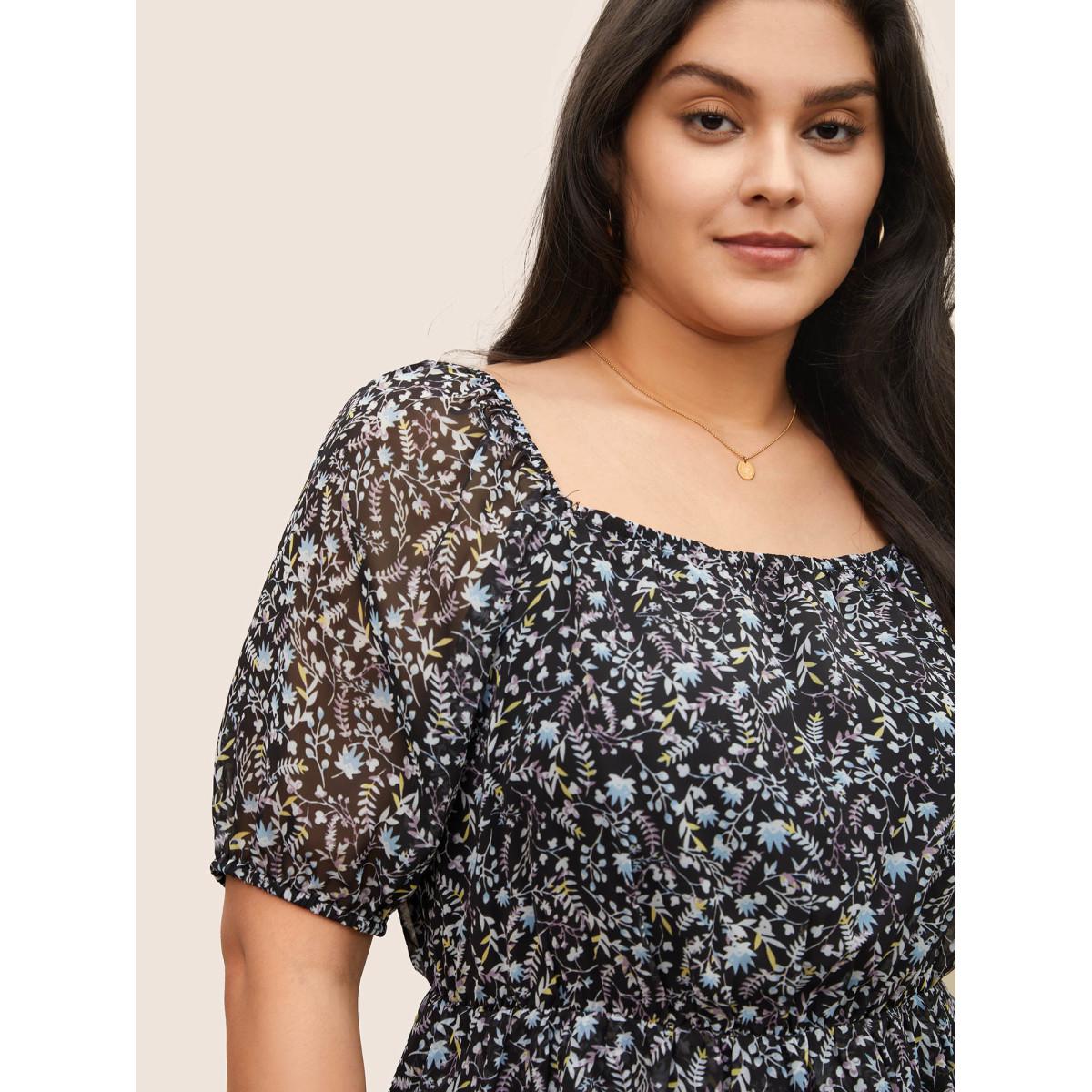 Plus Size Indigo Ditsy Floral Mesh Square Neck Layered Hem Blouse Women Elegant Short sleeve Square Neck Everyday Blouses BloomChic 18-20/2X Product Image