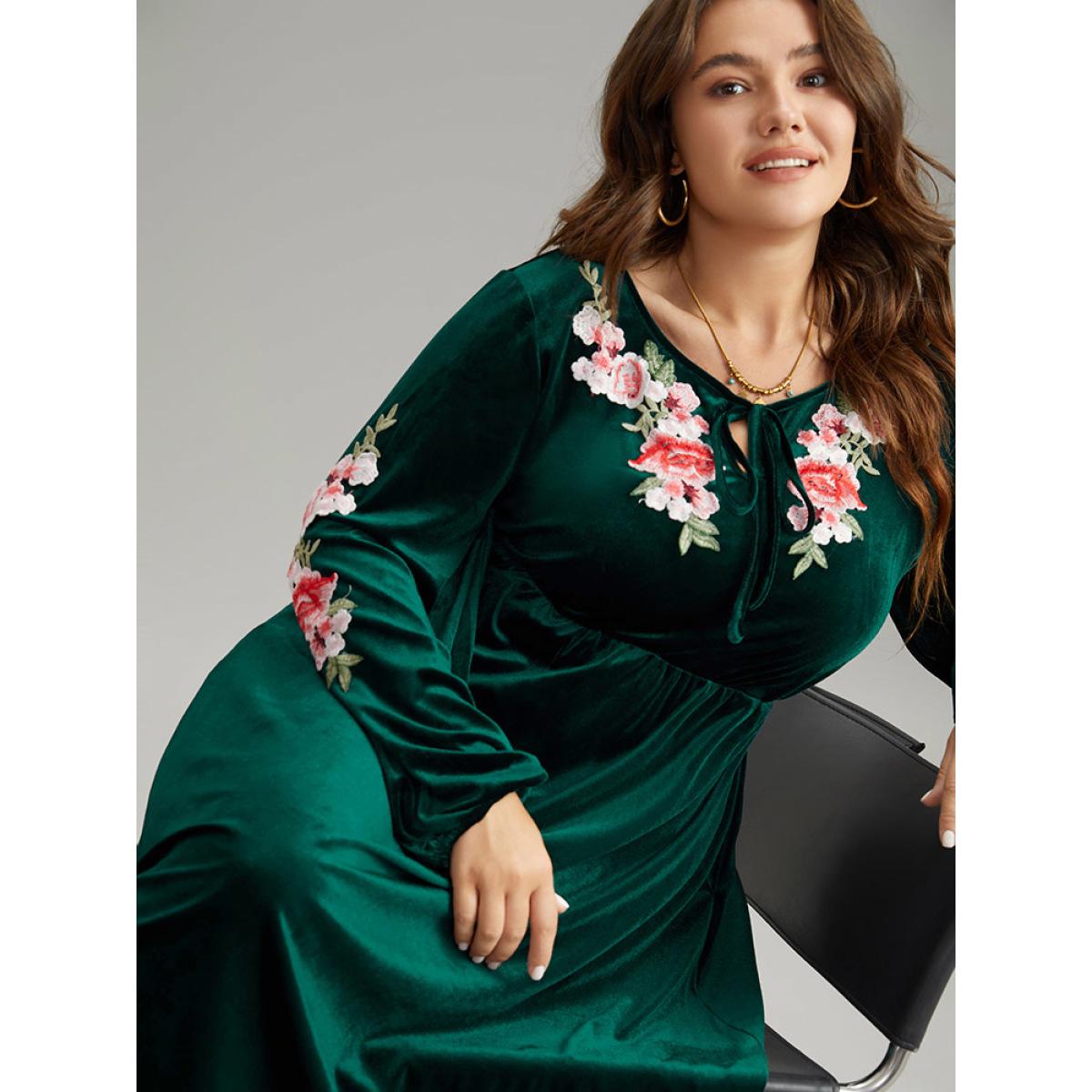 Plus Size Velvet Floral Ties Gathered Lantern Sleeve Dress DarkGreen Women Vacation Elastic cuffs Tie Neck Long Sleeve Curvy Midi Dress BloomChic 22-24/3X Product Image